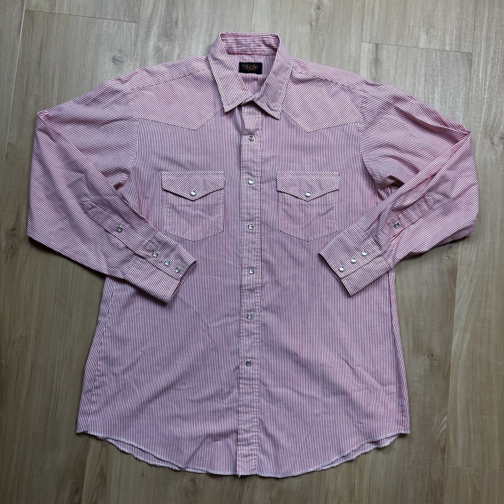 VTG Western Pearl Snap Shirt Mens M Plaid Red Stripe Cowboy Rodeo USA Tem Tex